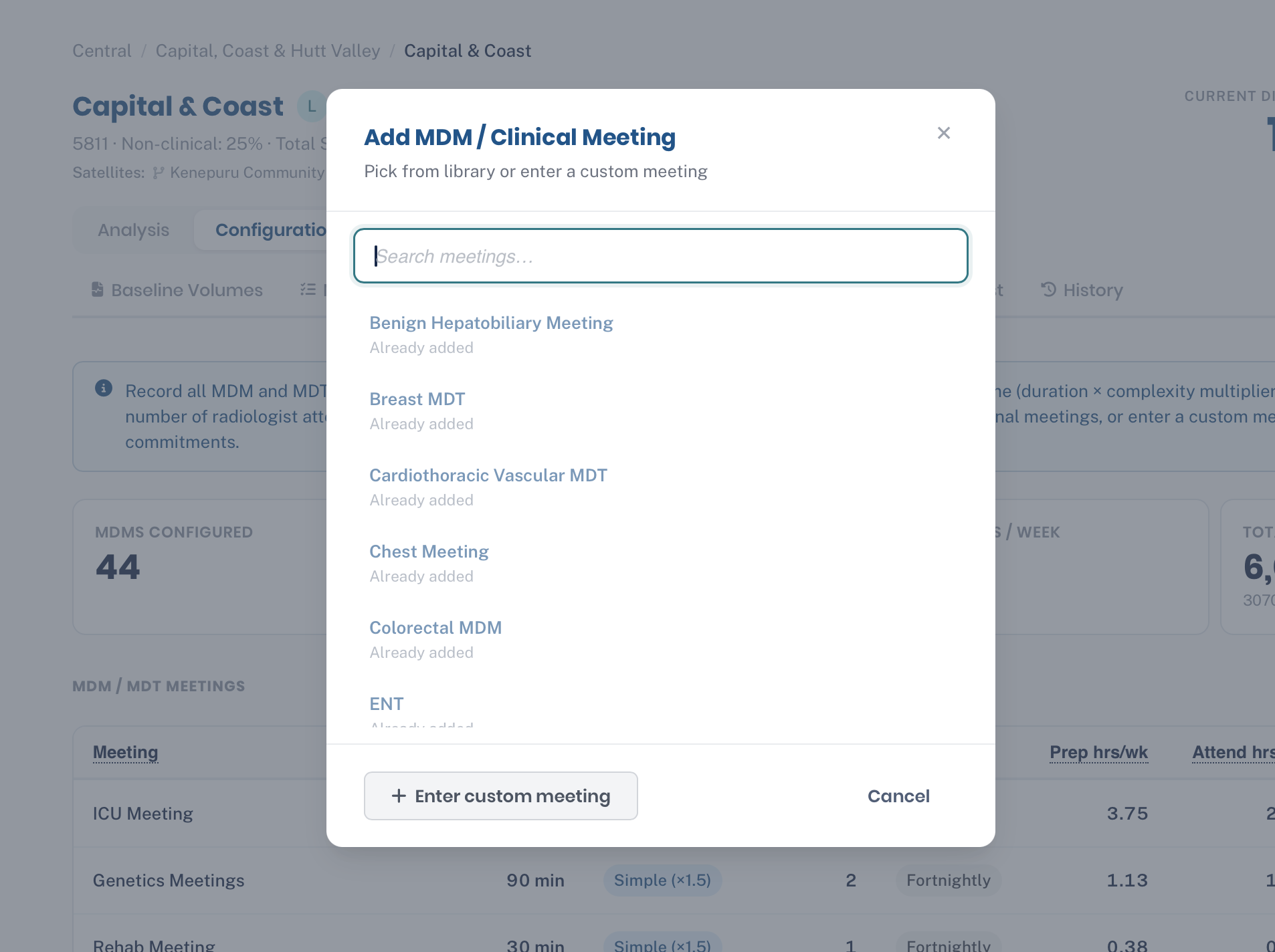The Add MDM dialog with a search box listing standard
              meetings available from the library, and an option to enter a custom meeting.