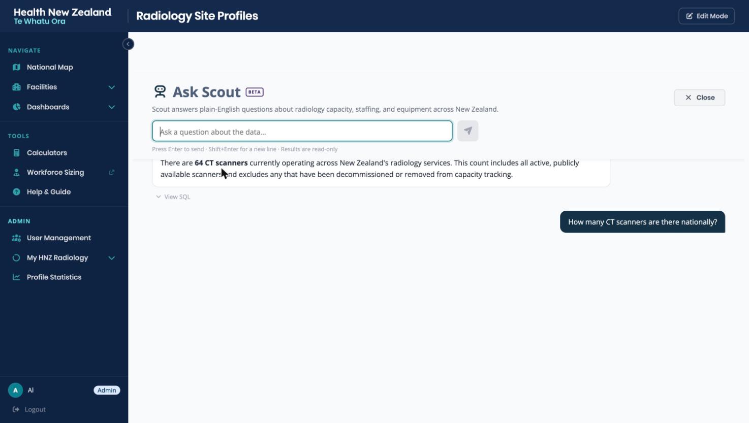 Ask Scout answering the question 'How
            many CT scanners are there nationally?' with a prose answer and a View SQL toggle.