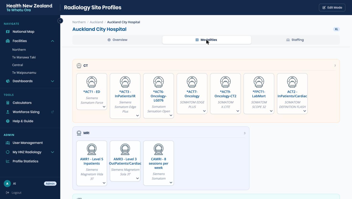The Modalities tab for a large
            hospital showing seven CT scanners and three MRI machines as cards with model
            names.