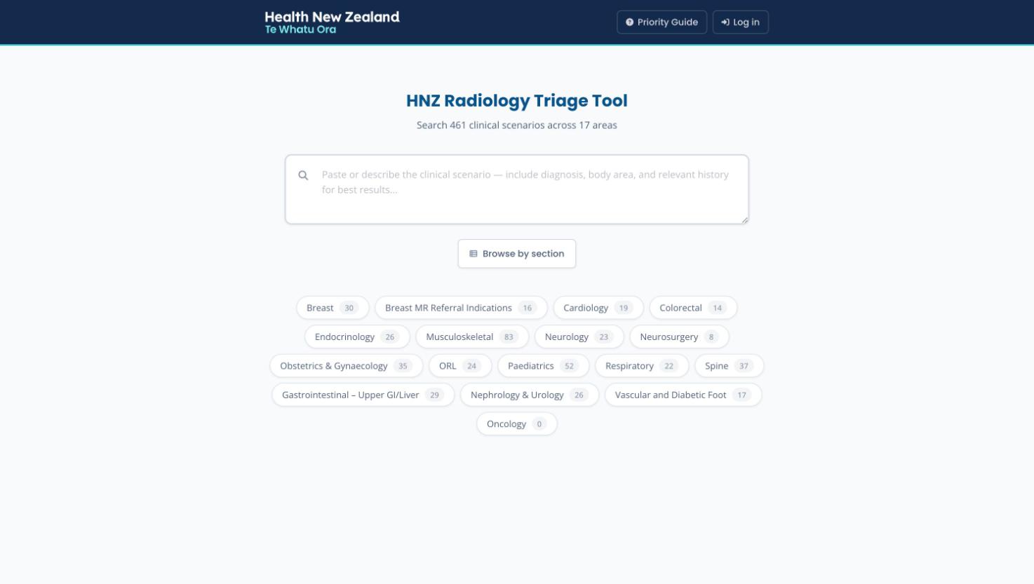 Triage Tool search screen